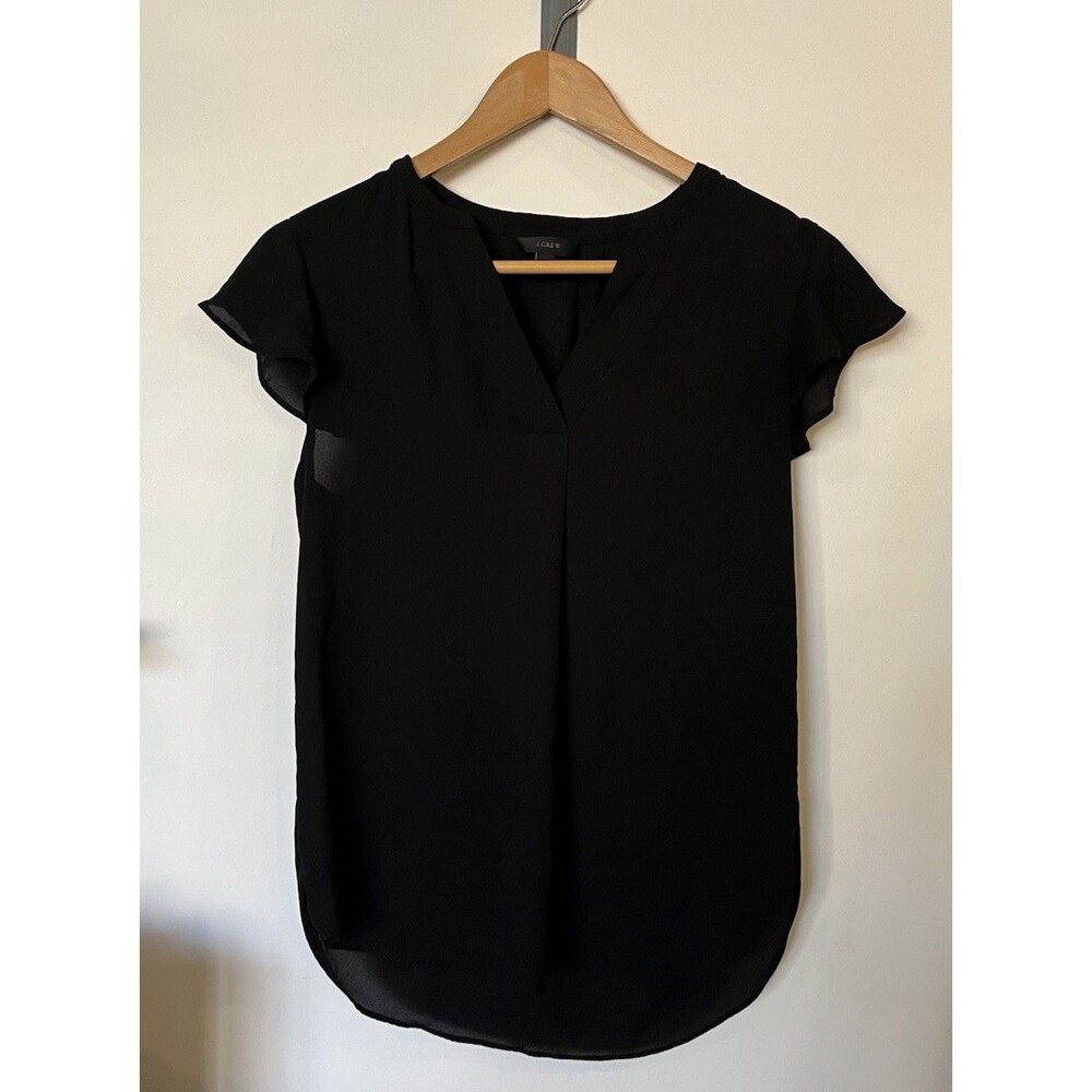 J Crew Black V Neck Ruffle Cap Sleeve Blouse Size 4